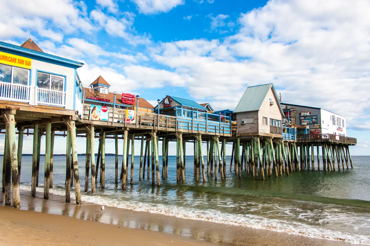 Old Orchard Beach pier at sunset, fireworks launch nearby every Thursday